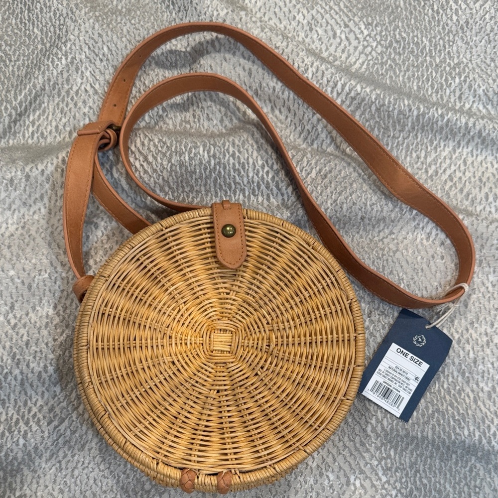 Round Woven Tan Crossbody Bag